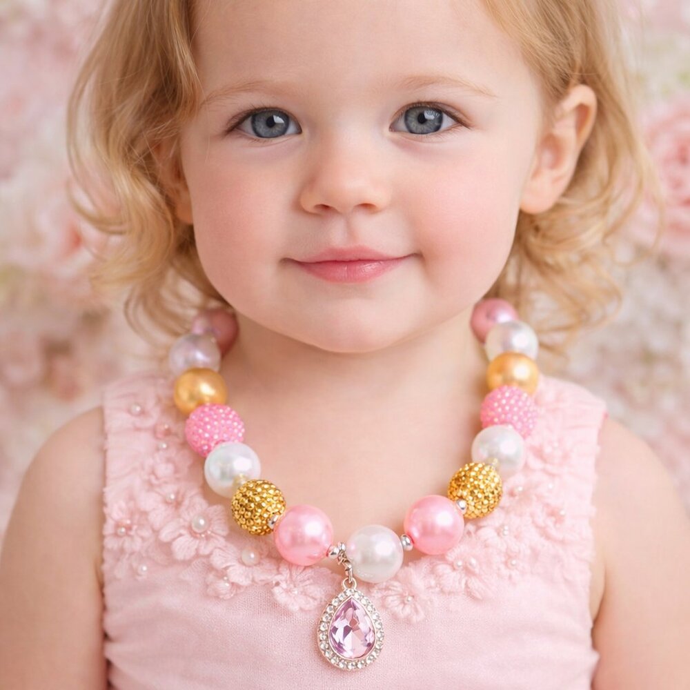 Chunky Beaded Statement Necklace Pink Gold Pearl Rhinestone Teardrop Pendant